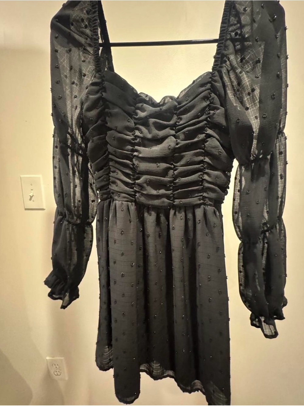 Sheer Black Long-Sleeve Ruched Mini Dress